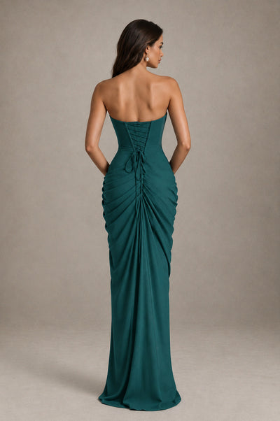BOLODOO Strapless Draped Maxi Dress - Teal Backless Evening Gown with High Slit - Teal - Teal_2