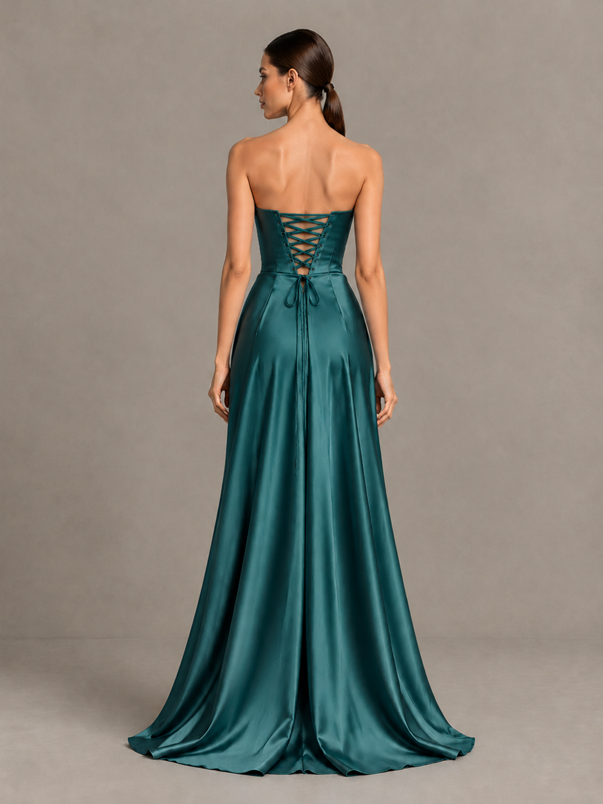 BOLODOO Teal Strapless Satin High-Slit Lace-Up Prom Dress - Teal - Teal_2