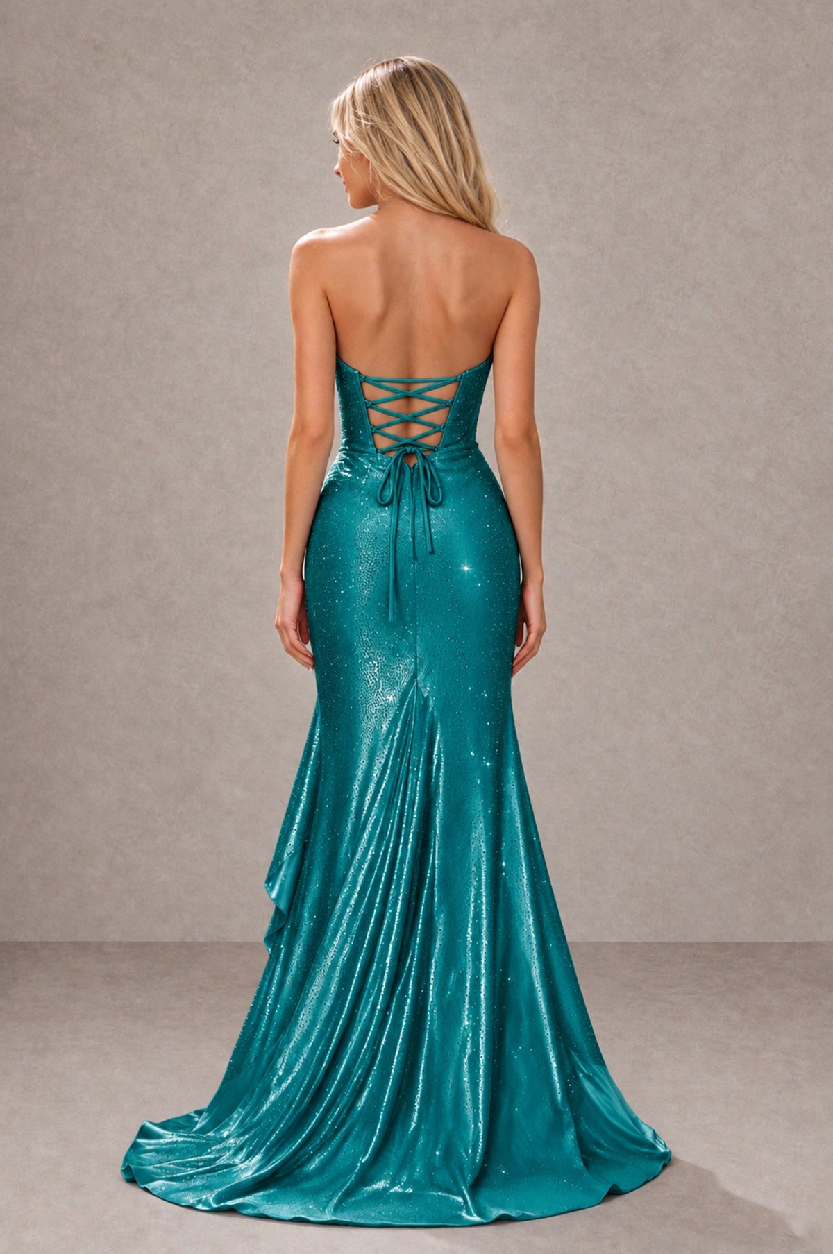 BOLODOO Teal Strapless Corset Mermaid Prom Dress with Ruffle Slit - Teal - Teal_2