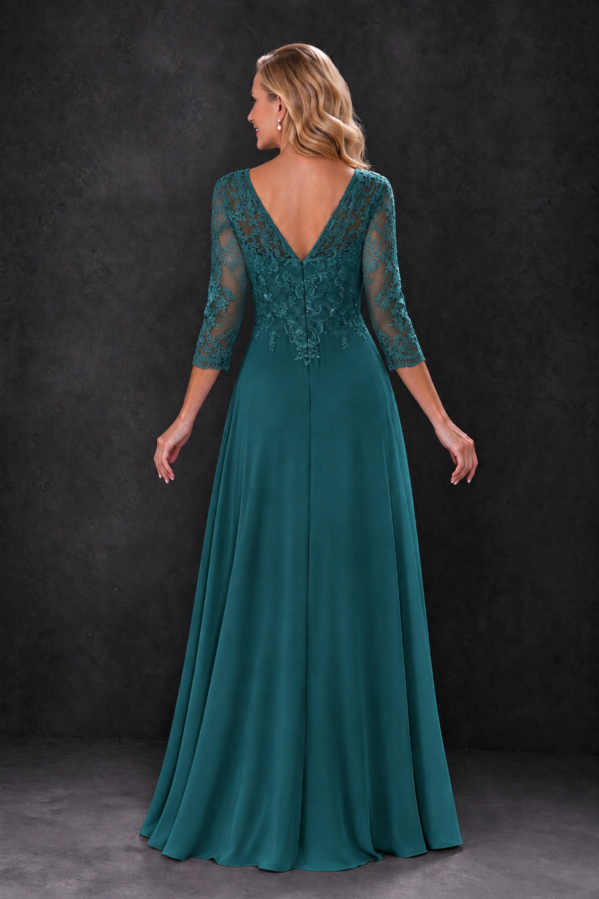 BOLODOO Teal Lace Embroidered Mother of the Bride Dress with 3/4 Sleeves - Teal - Teal_2