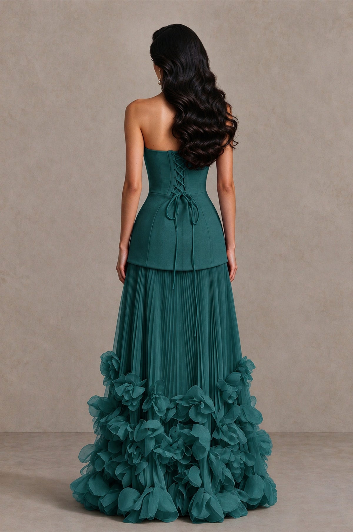 BOLODOO Teal Strapless Pleated Floral Hem Evening Gown - Teal - Teal_2