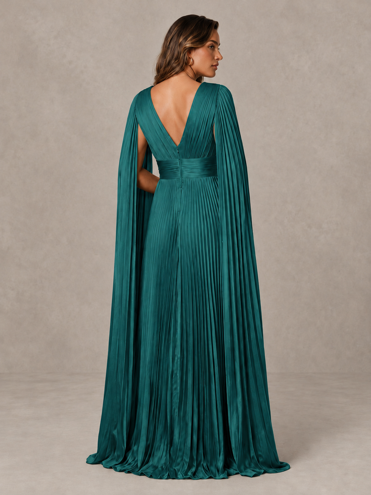 BOLODOO Teal Deep V-Neck Pleated Cape Sleeve Evening Gown - Teal - Teal_2