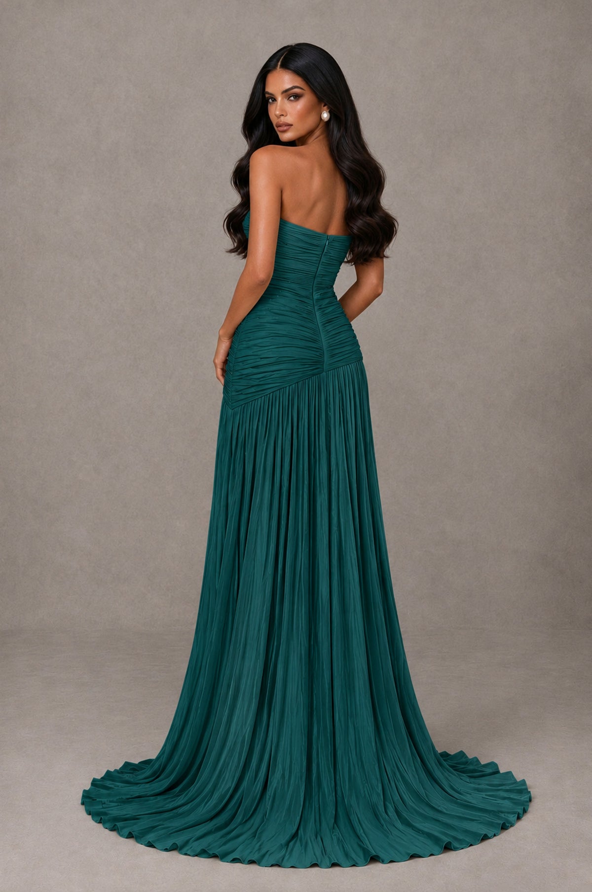 BOLODOO Teal Metallic Ruched Strapless Pleated A-Line Backless Maxi Dress with Train - Teal - Teal_2