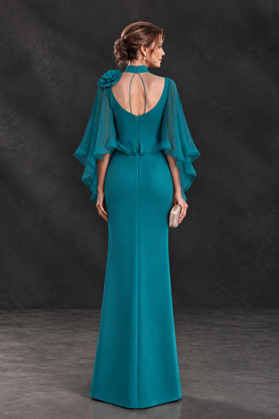 BOLODOO Teal Floral Cape Sleeve Mother of the Bride Dress - Teal - Teal_2