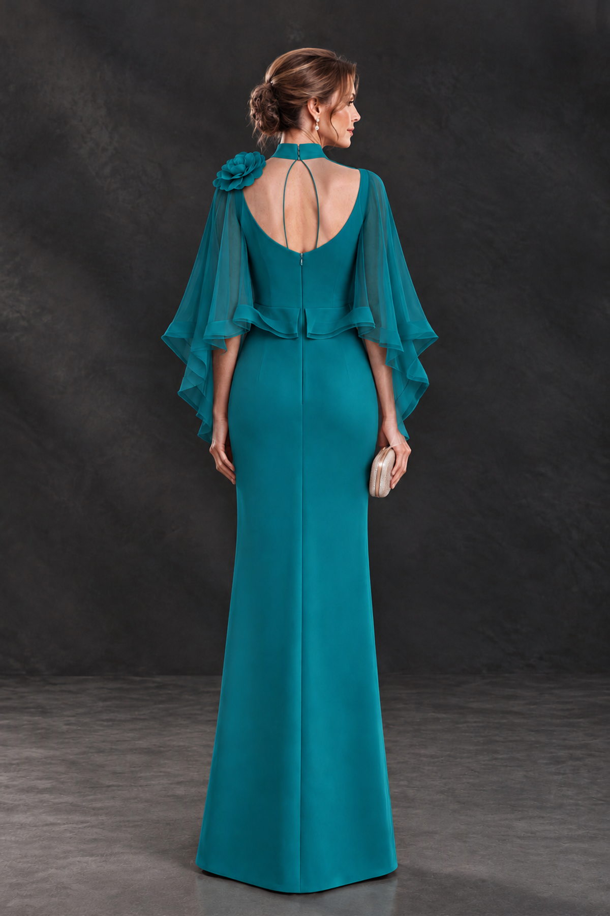 BOLODOO Teal Floral Cape Sleeve Mother of the Bride Dress - Teal - Teal_2