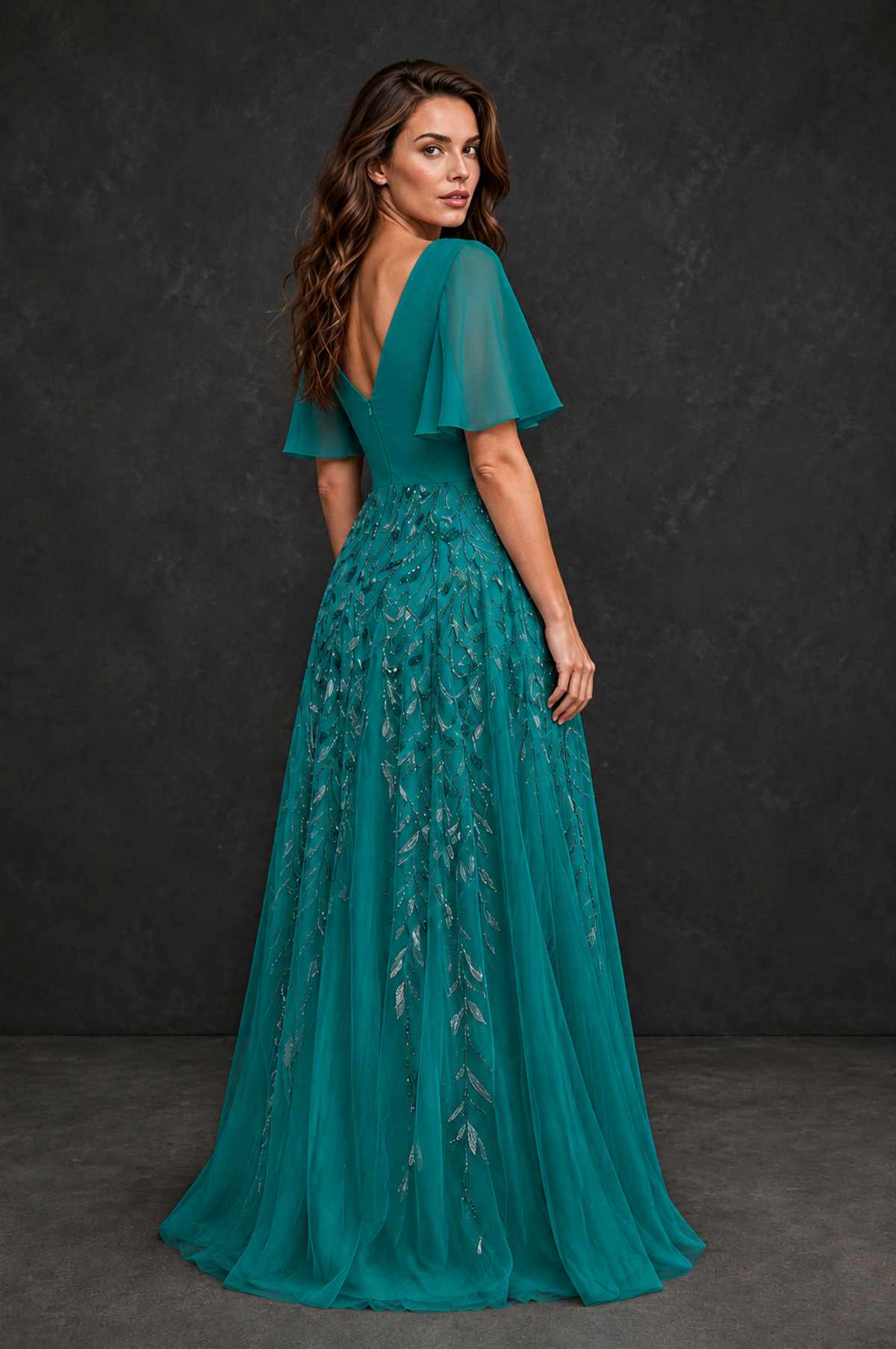 BOLODOO Teal V-Neck Flutter Sleeve Beaded Botanical Tulle A-Line Gown | Mother of the Bride Evening Dress - Teal - Teal_2