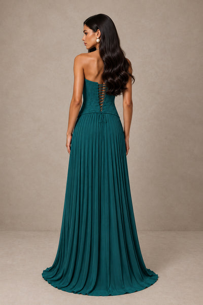 BOLODOO Teal Halter Corset Pleated A-Line Evening Dress - Teal - Teal_2