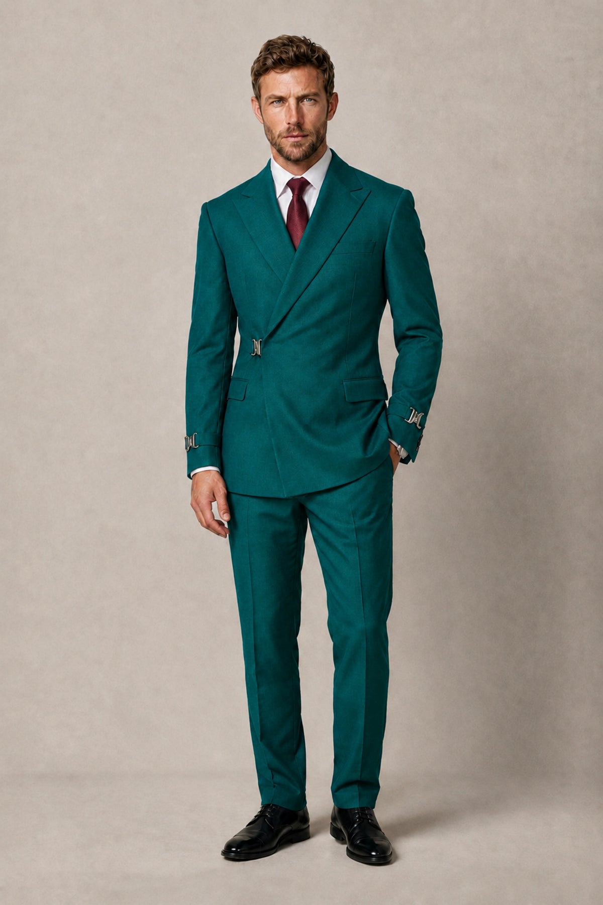 BOLODOO Men's Teal Double-Breasted 2-Piece Suit Set – Blazer & Tailored Trousers - Teal