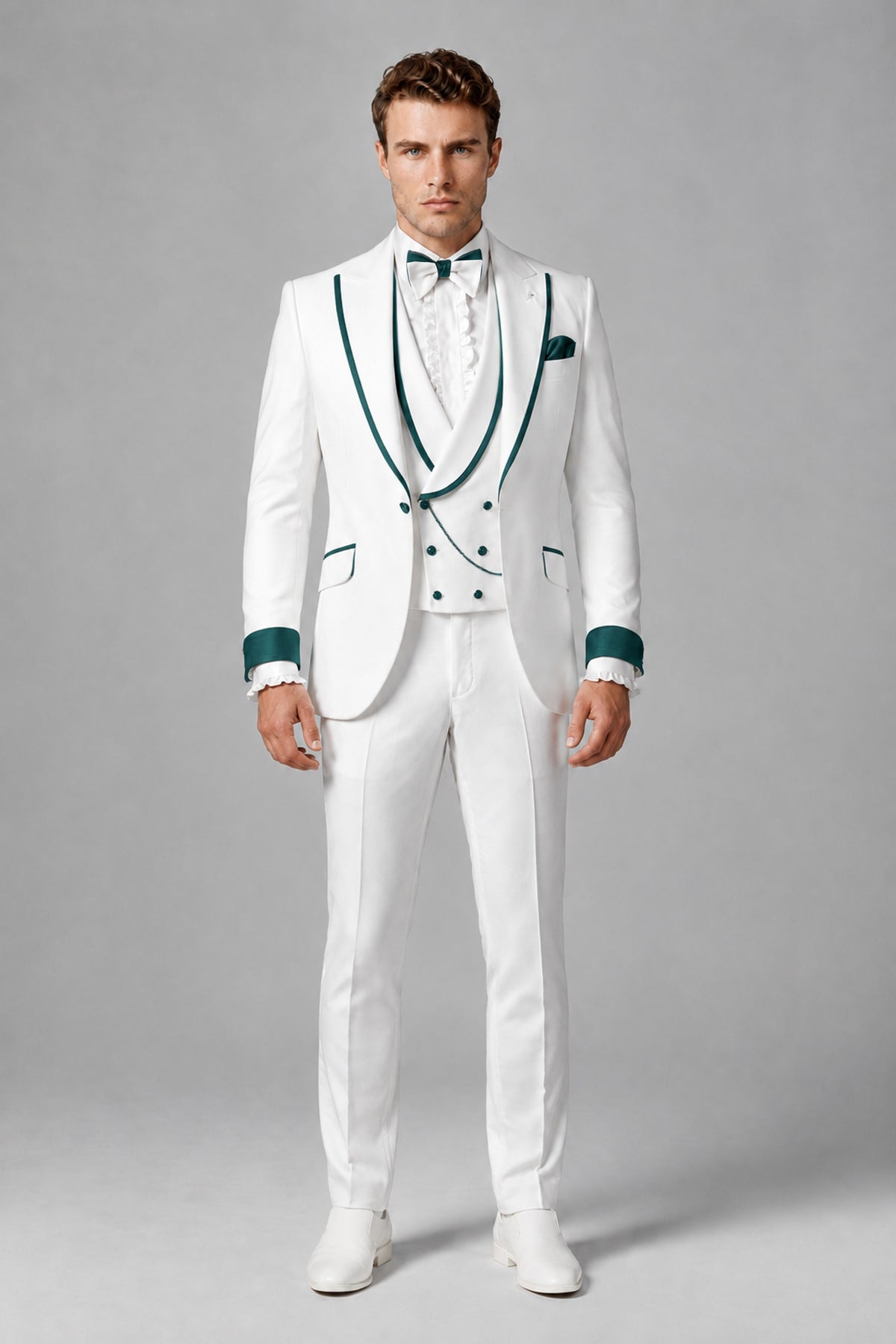 Bolodoo Men's White and Teal Three-Piece Wedding Tuxedo Suit - Teal - Teal_2