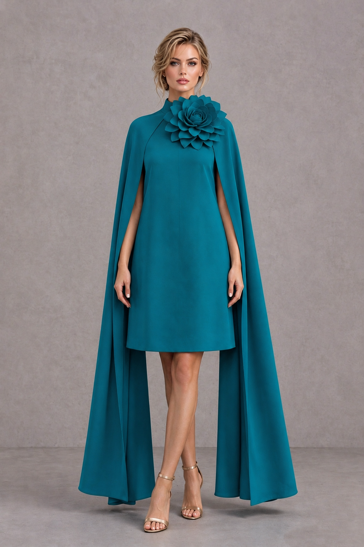 BOLODOO Teal High Neck Floral Cape Mini Cocktail Dress - Teal - Teal_2