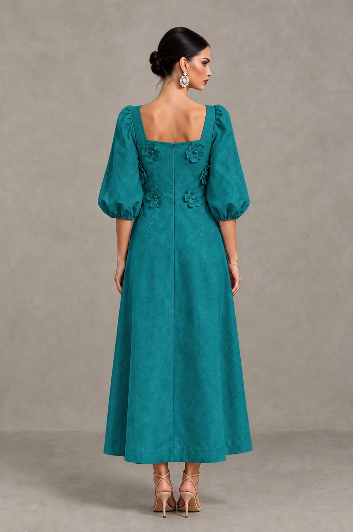 BOLODOO Teal 3D Floral Puff Sleeve Midi Cocktail Dress - Teal - Teal_2