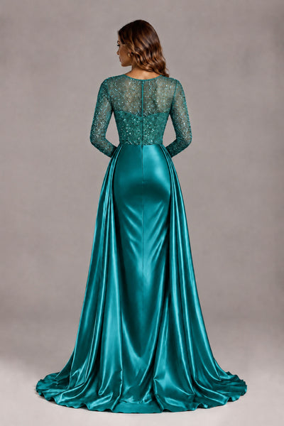 BOLODOO Teal Long Sleeve Embellished Satin Evening Gown with Sweep Train - Teal - Teal_2