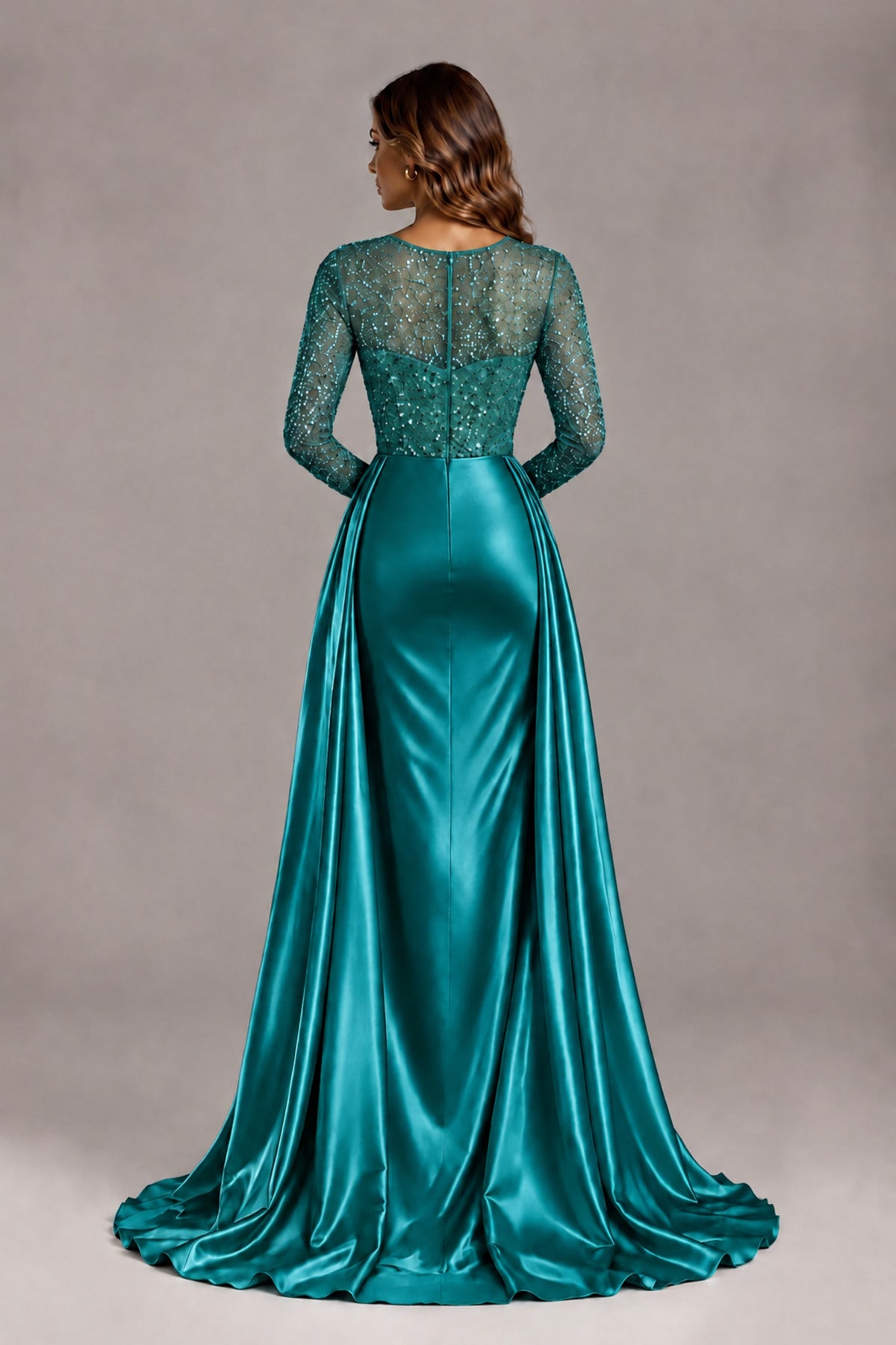 BOLODOO Teal Long Sleeve Embellished Satin Evening Gown with Sweep Train - Teal - Teal_2