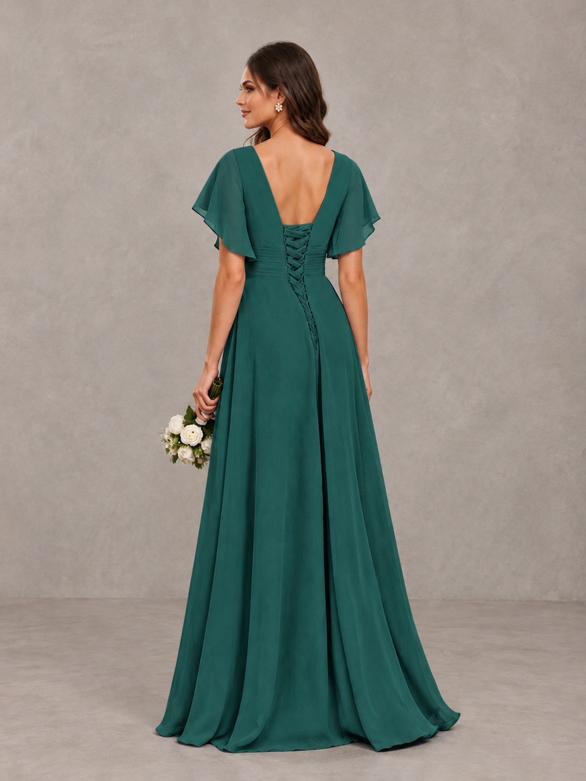 BOLODOO Teal Flutter Sleeve V-Neck Bridesmaid Dress with Ruffle Slit - Teal - Teal_2