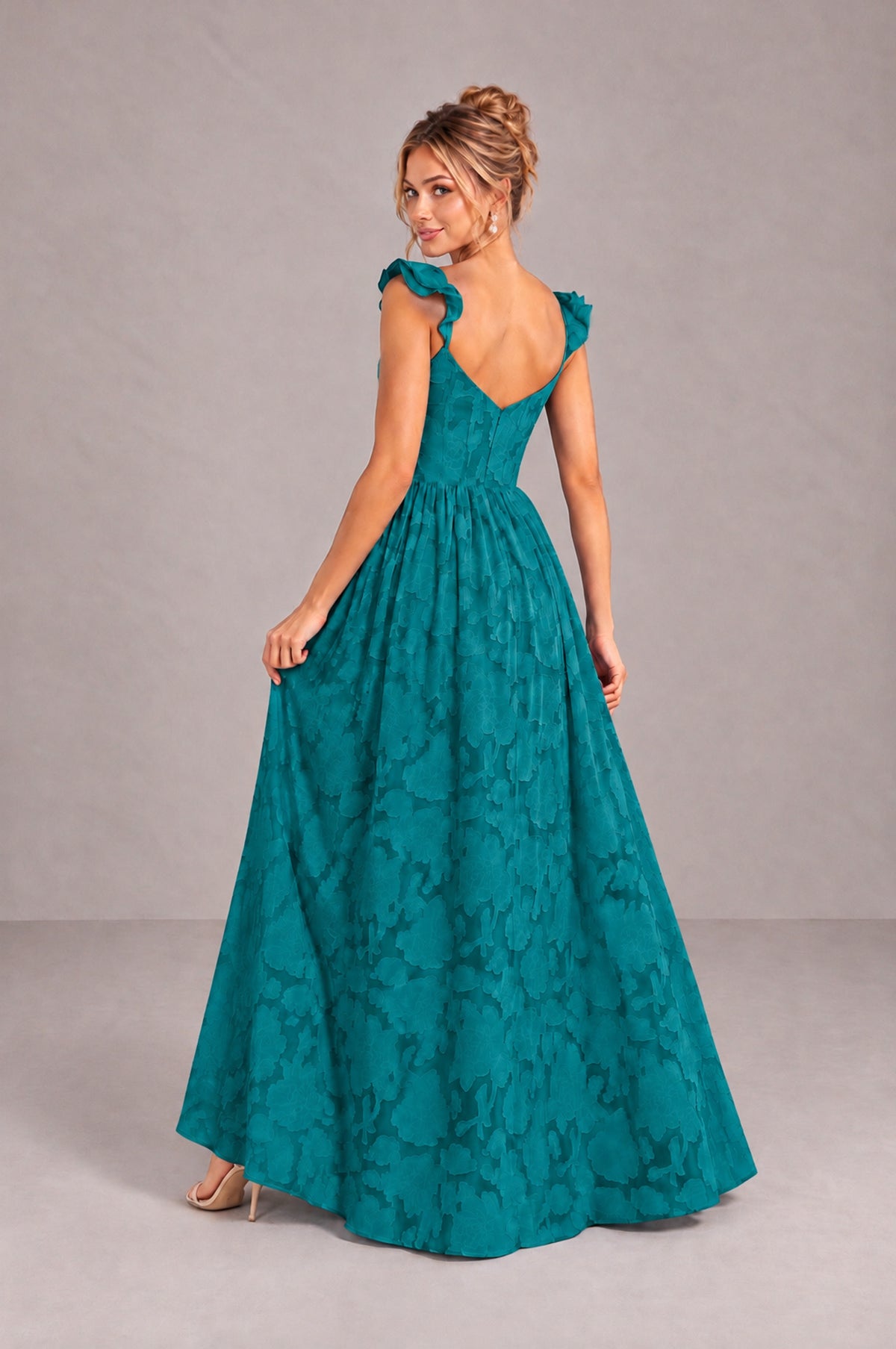 BOLODOO Teal Floral A-Line Bridesmaid Dress with Slit Ruffle Straps Maxi Gown - Teal - Teal_2