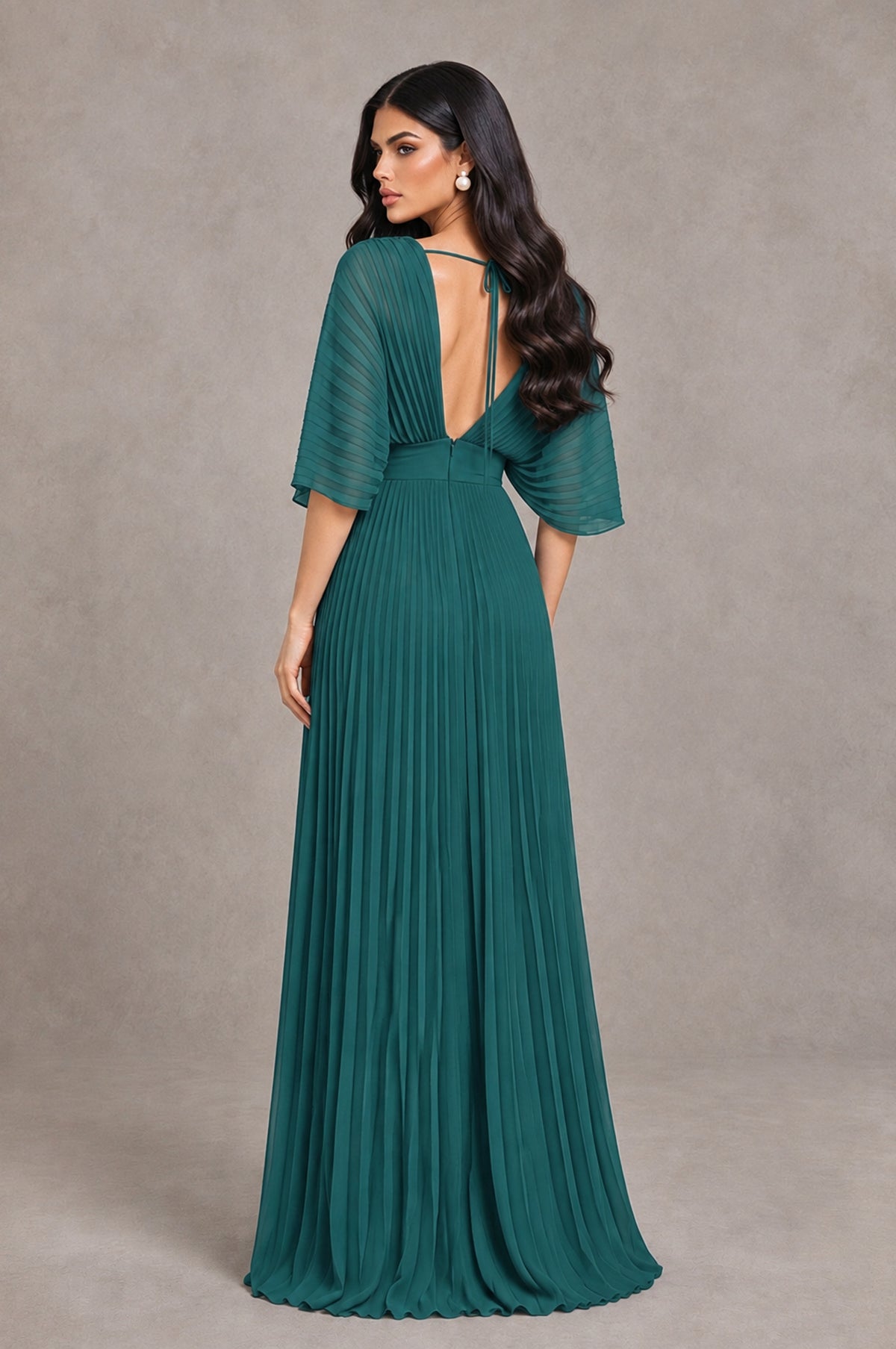 BOLODOO Teal V-Neck Pleated Flutter Sleeve Formal Dress - Teal - Teal_2