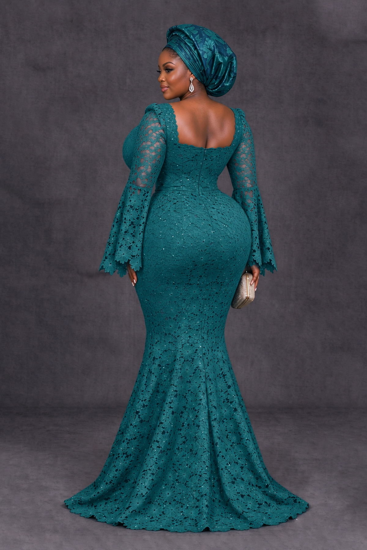 BOLODOO Teal African Lace Mermaid Dress, Plus Size Nigerian Wedding Guest Gown with Bell Sleeves - Teal - Teal_2