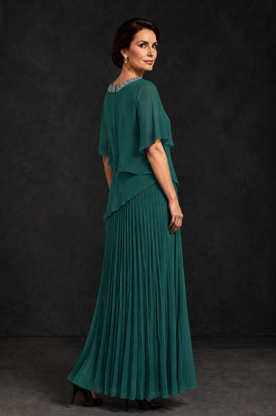 BOLODOO Teal Pearl Beaded Neck Asymmetric Tiered Flutter Sleeve Pleated Chiffon Maxi Dress - Teal - Teal_2