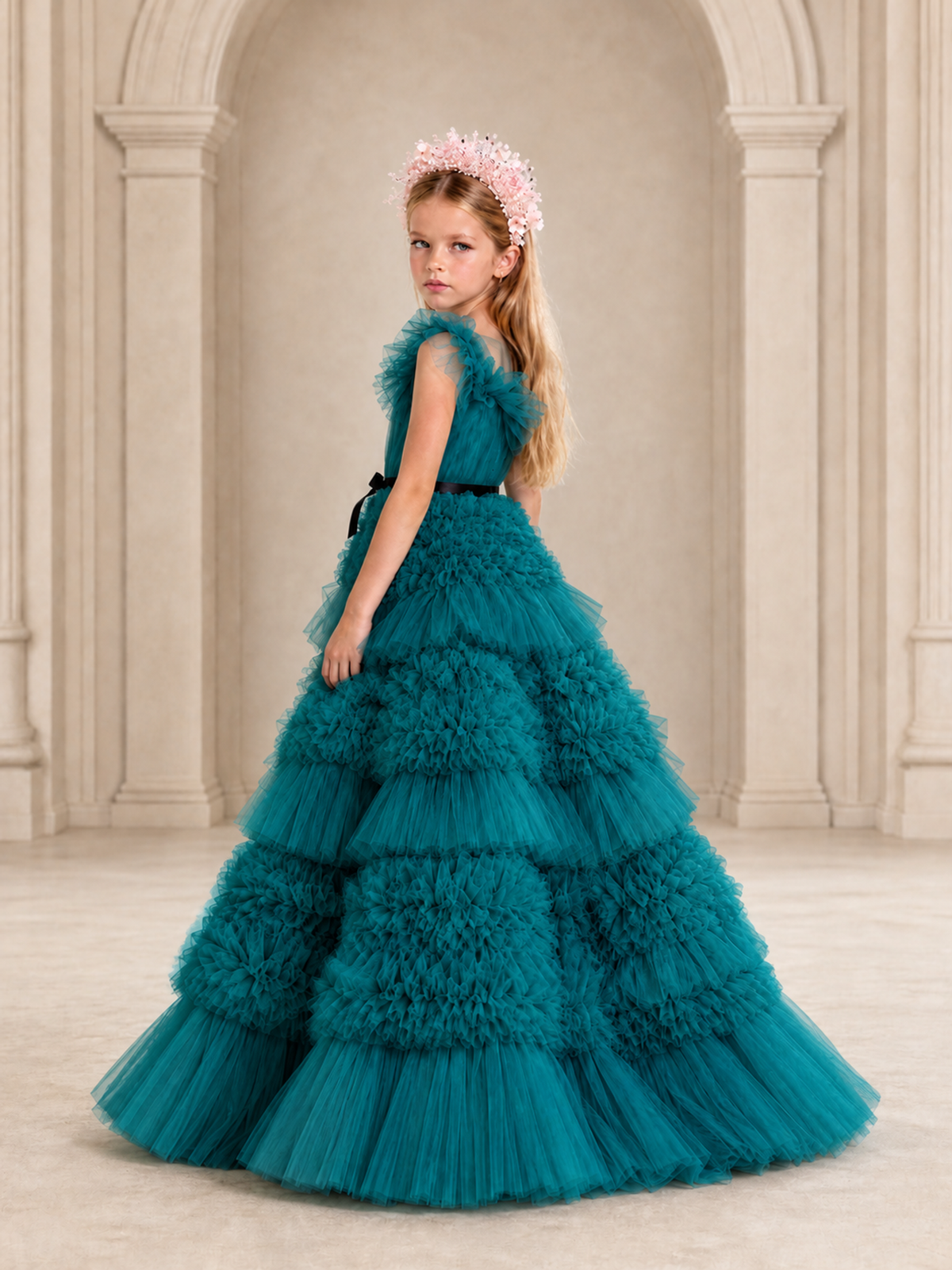 BOLODOO Teal Tiered Tulle Flower Girl Dress with Floral Appliques - Teal - Teal_2