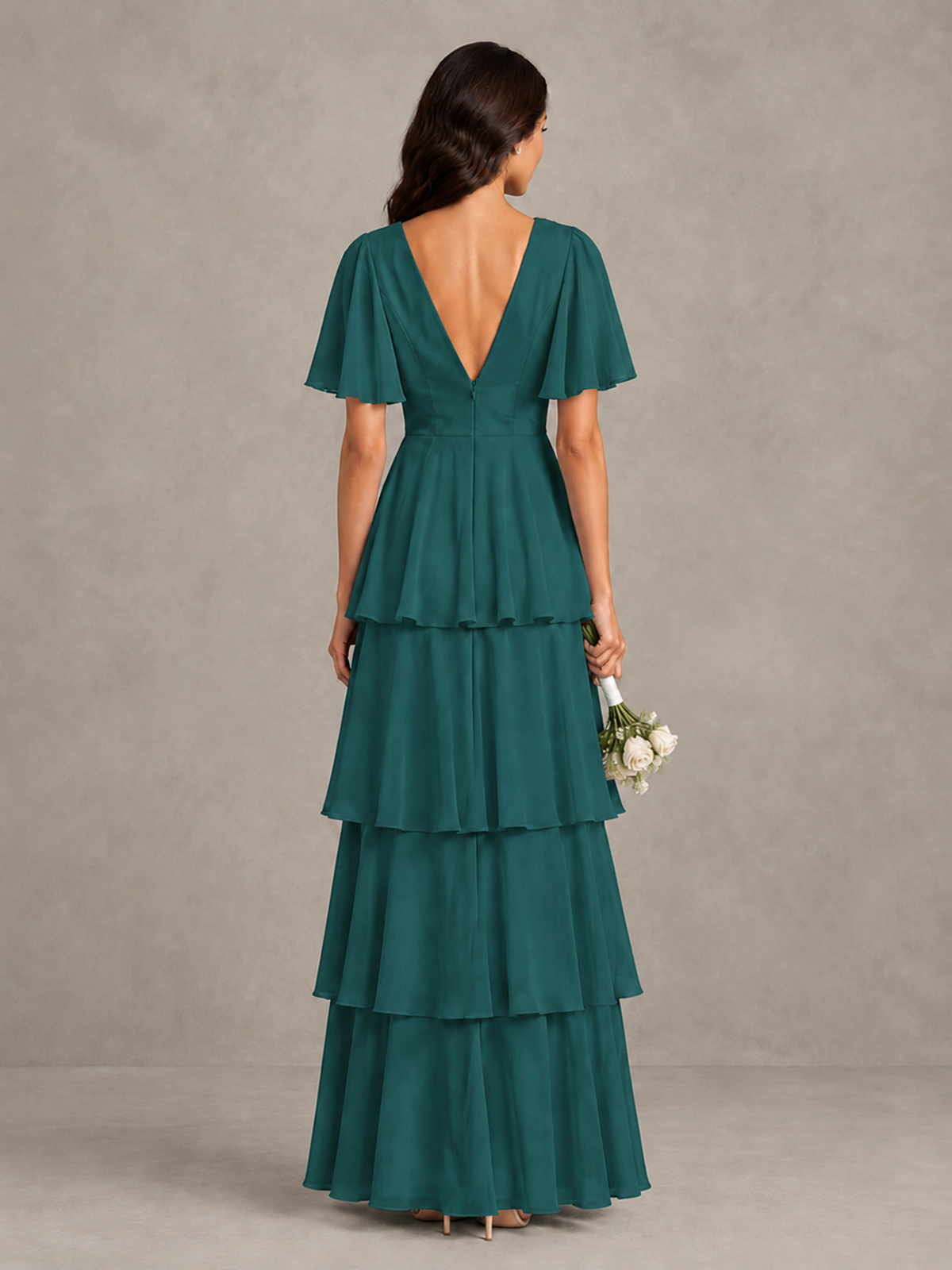 BOLODOO Teal Tiered Flutter Sleeve Bridesmaid Dress - Teal - Teal_2