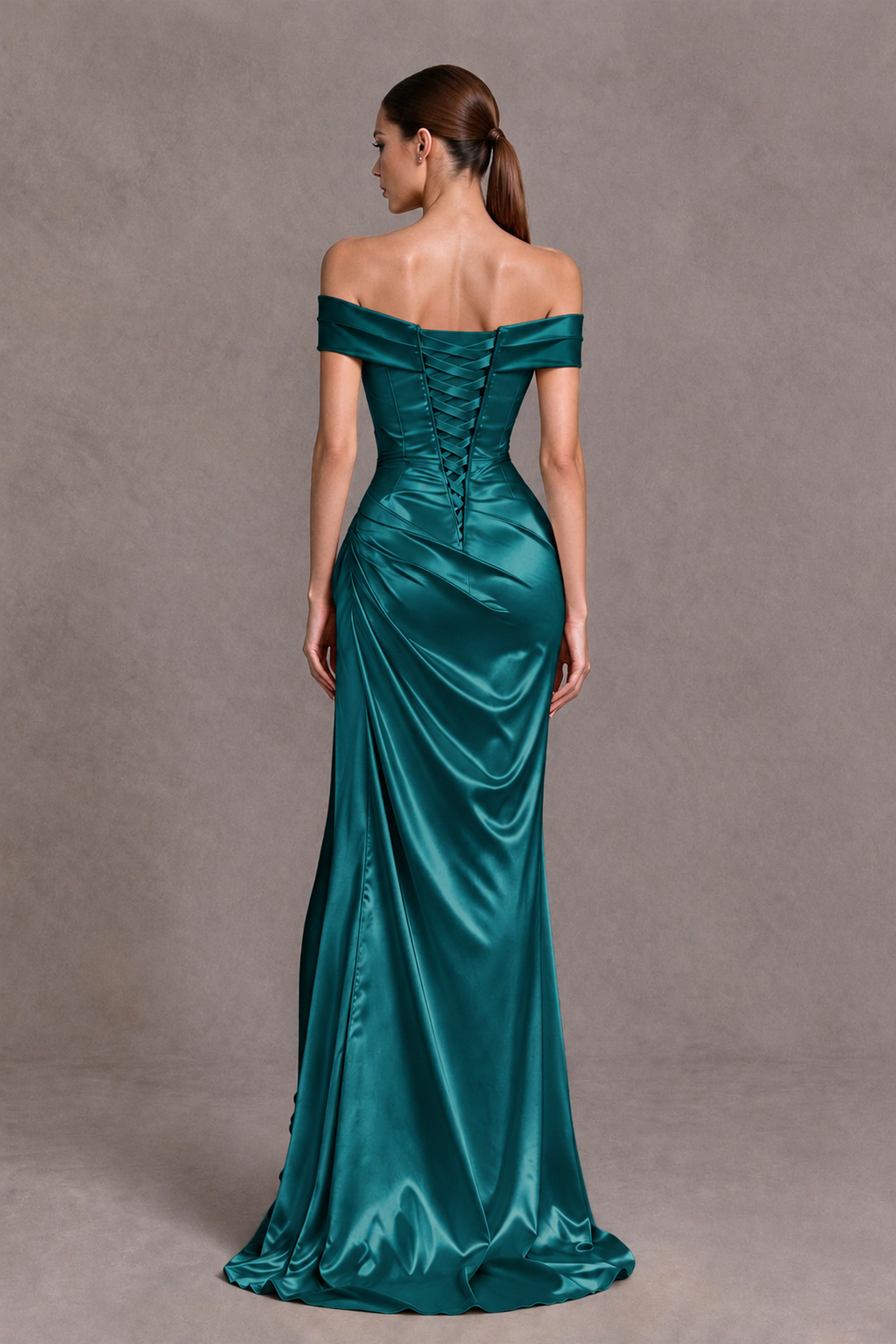 BOLODOO Teal Off-the-Shoulder Ruched Satin Prom & Evening Dress with High Slit - Teal - Teal_2
