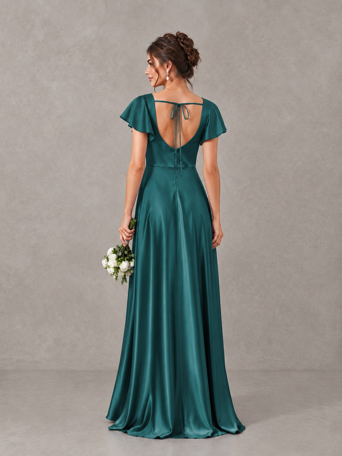 BOLODOO Teal Satin Square Neck Flutter Sleeve A-Line Bridesmaid Dress with Slit - Teal - Teal_2