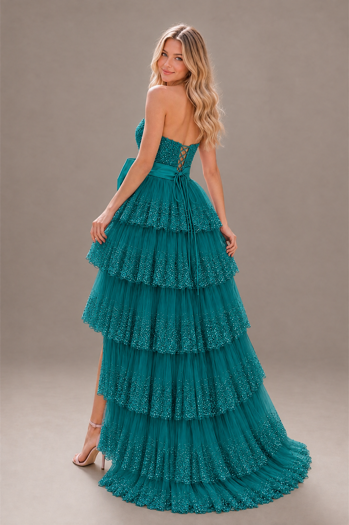 BOLODOO Teal Strapless Tiered Tulle Prom Dress with Bow - Teal - Teal_2