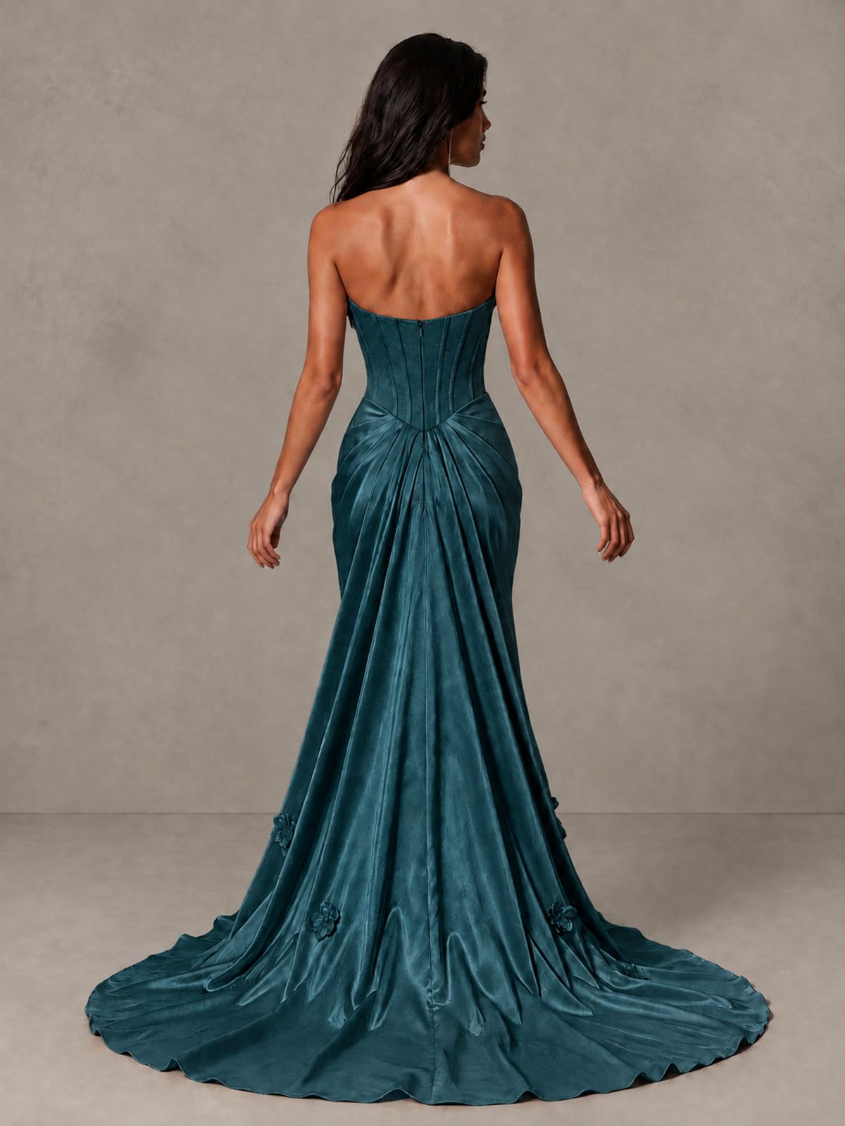 BOLODOO Teal Strapless Floral Corset Evening Gown with Train - Teal - Teal_2
