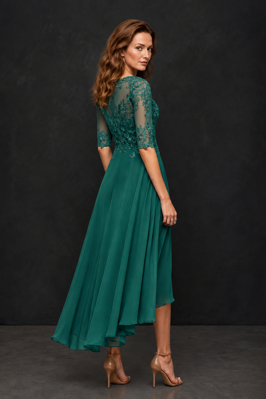 BOLODOO Teal Illusion Lace 3/4 Sleeve Hi-Lo Chiffon A-Line Dress | Mother of the Bride Tea Length Dress - Teal