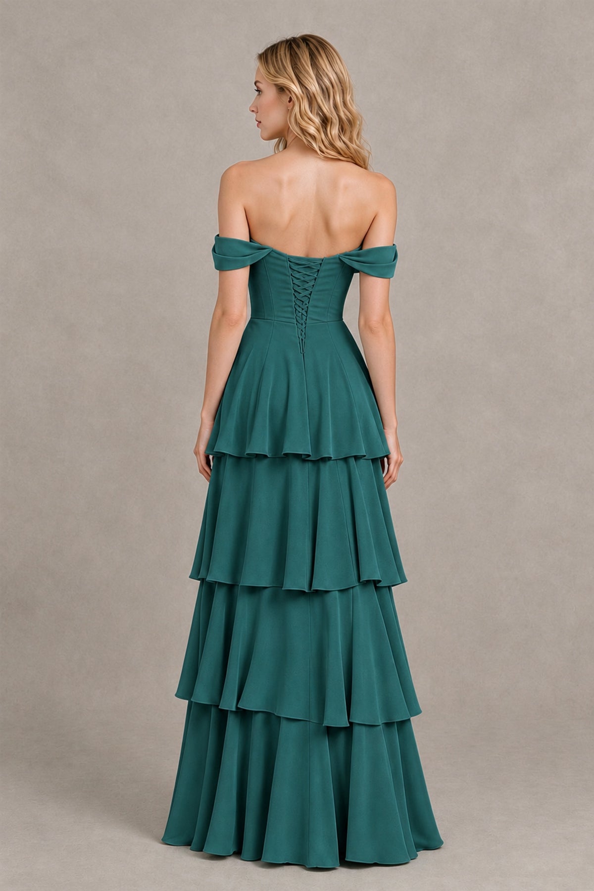 BOLODOO Teal Off-the-Shoulder Tiered A-Line Evening Bridesmaid Dress - Teal - Teal_2
