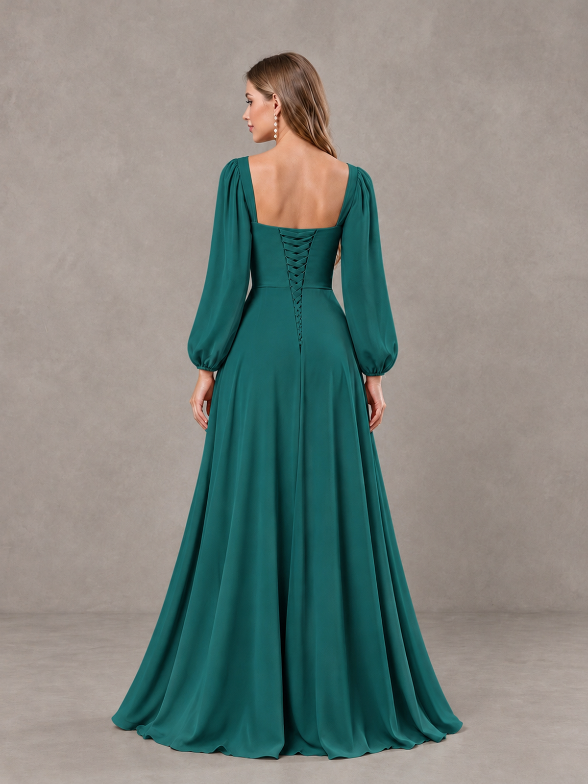 BOLODOO Teal Square Neck Long Sleeve Bridesmaid Dress with Ruffle Slit - Teal - Teal_2