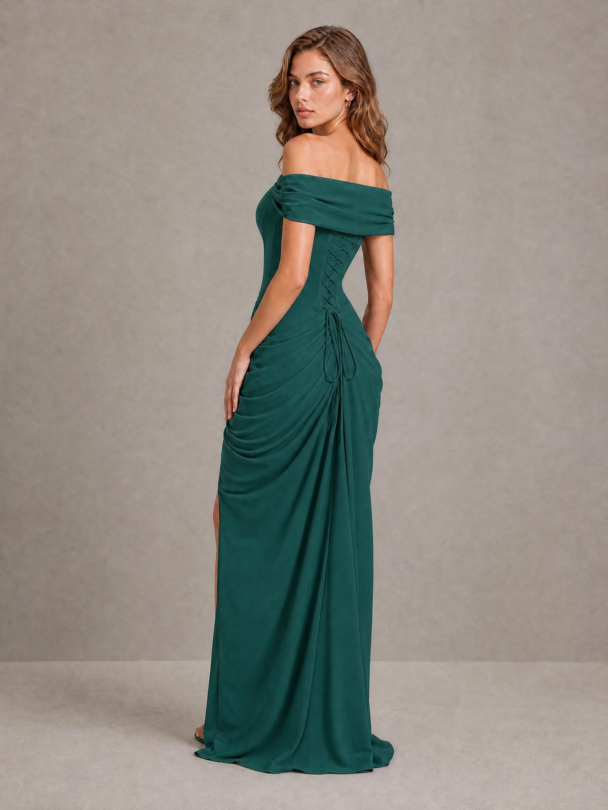 BOLODOO Teal Off-Shoulder Ruched Corset Wedding Guest Dress with Slit - Teal - Teal_2