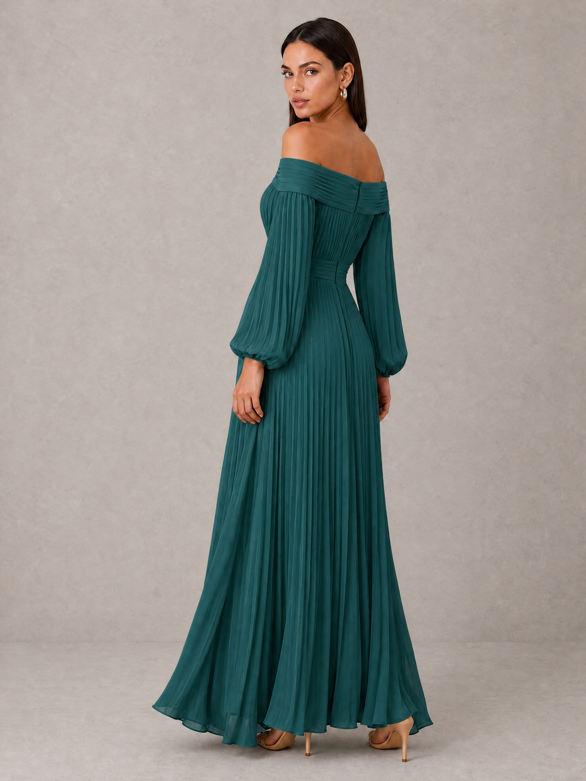 BOLODOO Teal Off-Shoulder Long Sleeve Pleated High-Low Dress - Teal - Teal_2