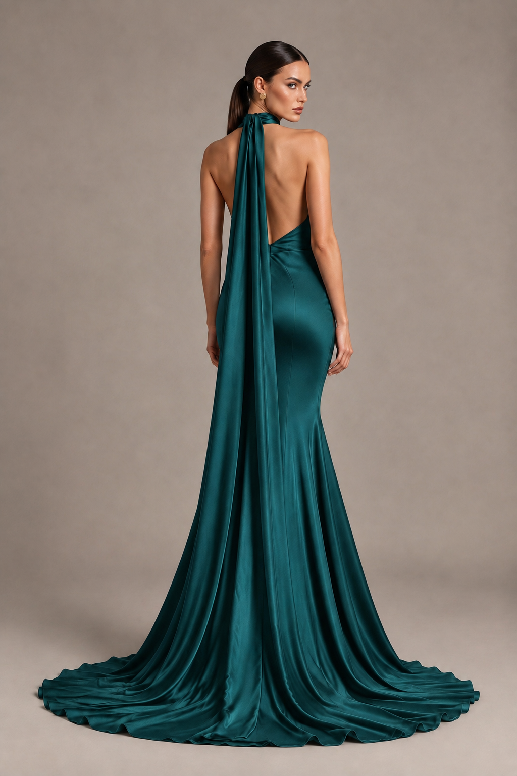 BOLODOO Teal One-Shoulder Satin Mermaid Evening Dress with Scarf - Teal - Teal_2