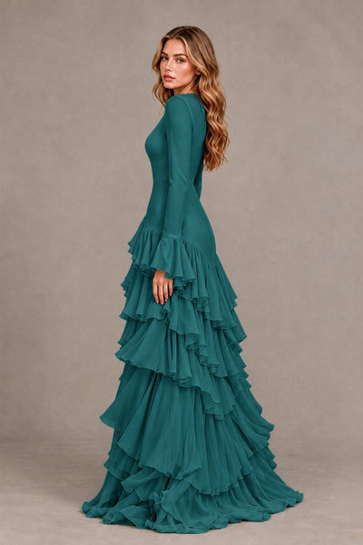 Teal Long Sleeve Tiered Ruffle Evening Gown - Teal - Teal_2