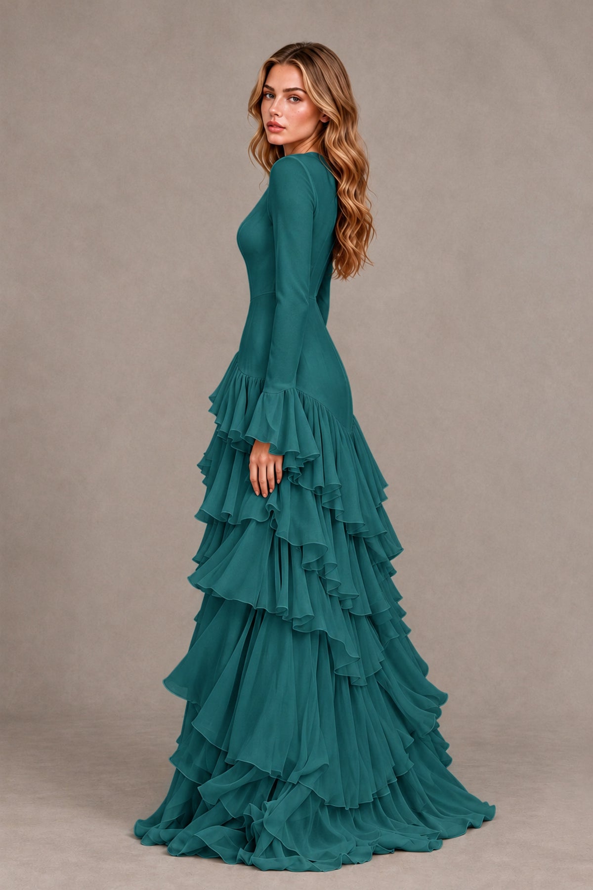Teal Long Sleeve Tiered Ruffle Evening Gown - Teal - Teal_2