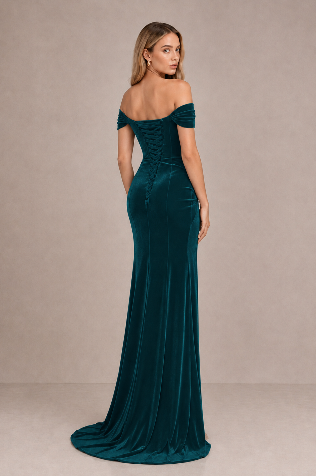 BOLODOO Teal Velvet Off-Shoulder Ruched High Slit Evening Dress - Teal - Teal_2