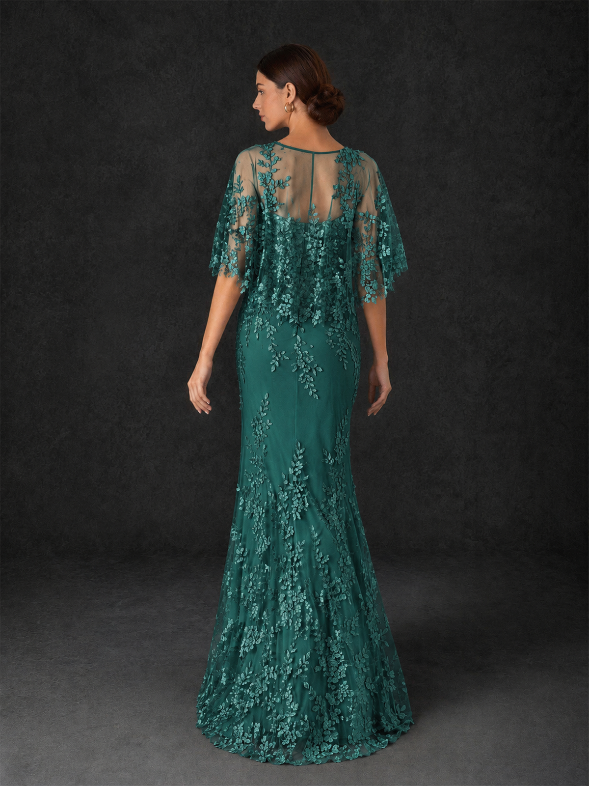 BOLODOO Mocha Rose Botanical Lace Flutter Sleeve Mermaid Gown - Teal - Teal