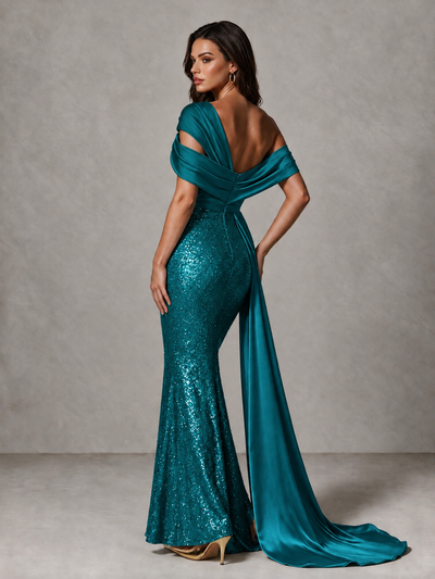 BOLODOO Teal Sequin Mermaid Evening Dress with Off-Shoulder Satin Drape and Sweep Train - Teal - Teal_2