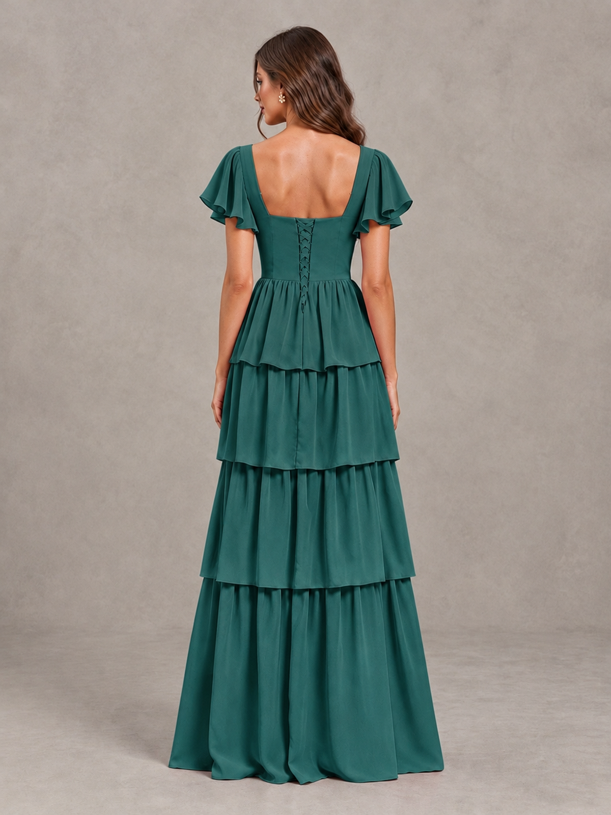 BOLODOO Teal Flutter Sleeve Tiered Maxi Bridesmaid Dress - Teal - Teal_2