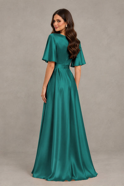 BOLODOO Teal Satin V-Neck Flutter Sleeve Bridesmaid Dress with Slit - Teal - Teal(2)