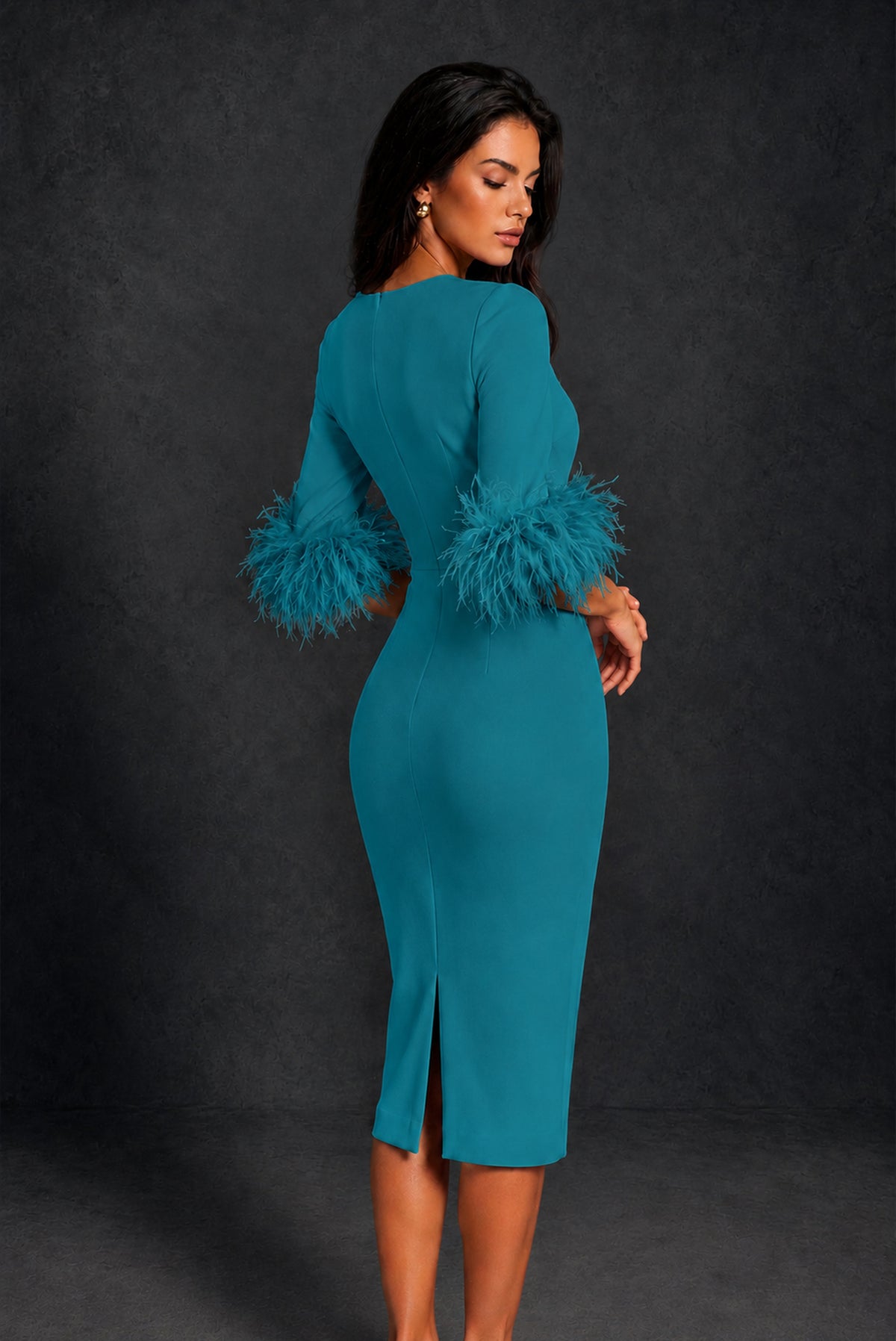 BOLODOO Teal Ostrich Feather Cuff 3/4 Sleeve Round Neck Bodycon Midi Dress with Back Slit - Teal