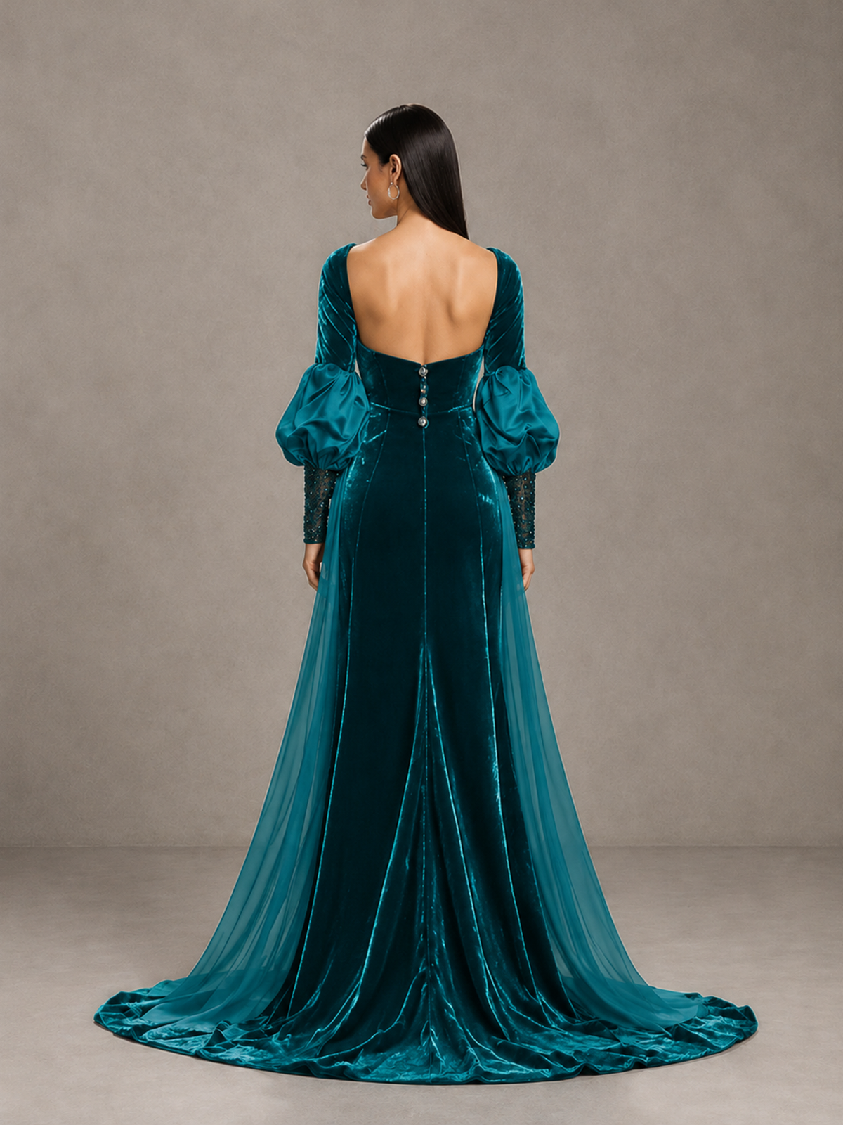 BOLODOO Teal Velvet Long Sleeve Open-Back Evening Gown - Teal - Teal_2