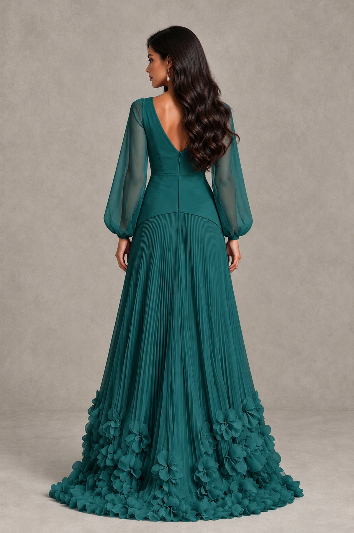 BOLODOO Teal V-Neck Long Sleeve Pleated Floral Hem Evening Dress - Teal - Teal_2