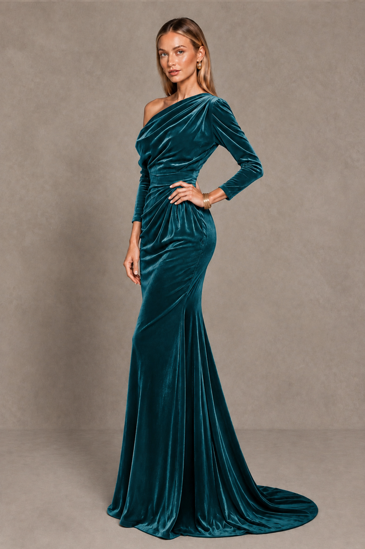BOLODOO Teal Velvet Asymmetric Neck Mermaid Evening Dress - Teal - Teal_2