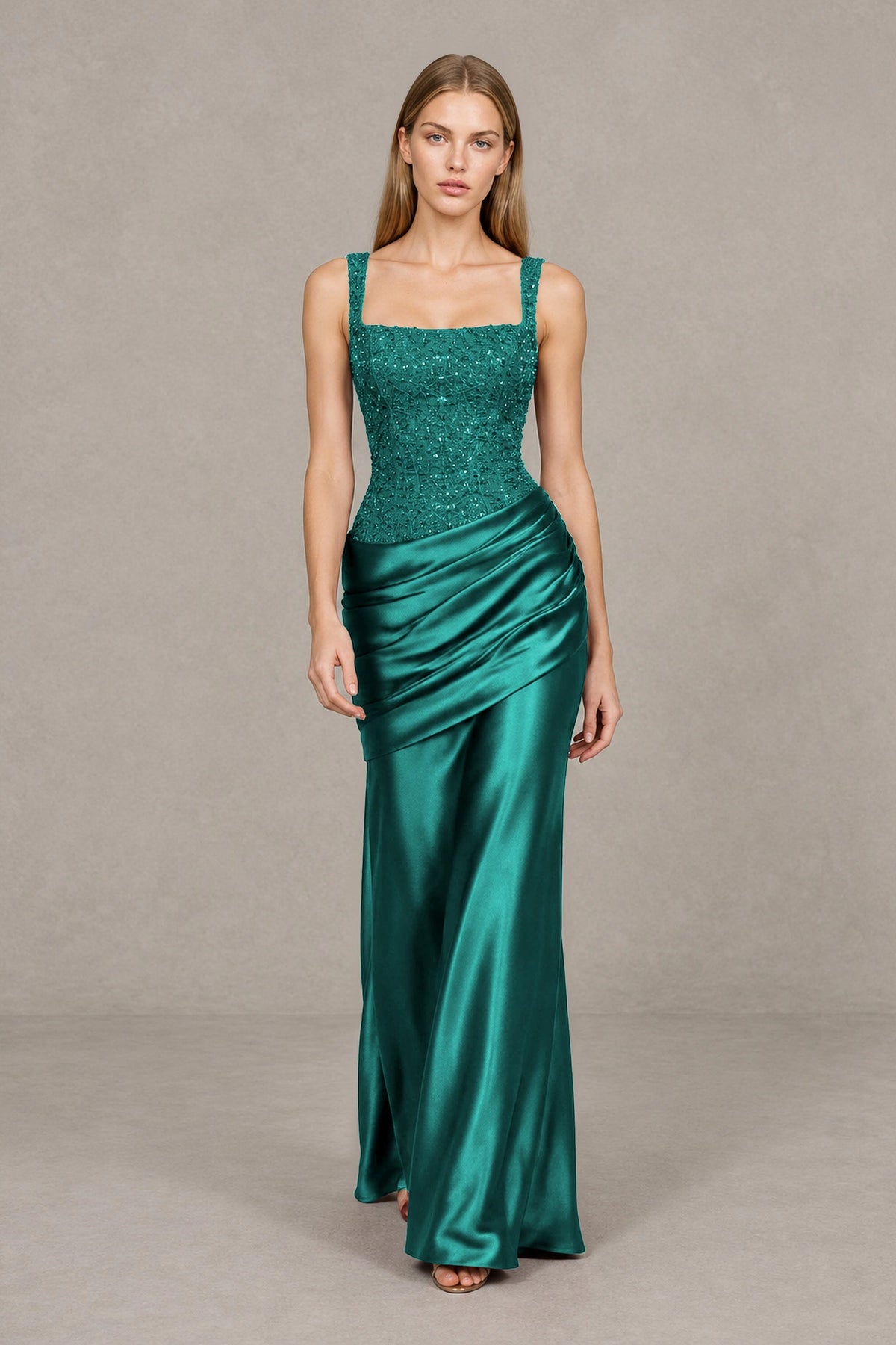 BOLODOO Teal Square Neck Embellished Satin Evening Gown - Teal