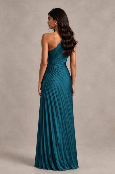 BOLODOO Teal One Shoulder Pleated Evening Dress with Ruched Waist and High Slit - Teal - Teal_2