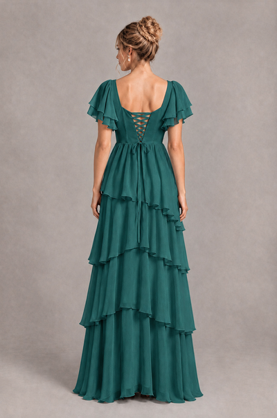 BOLODOO Teal Square Neck Flutter Sleeve Tiered Chiffon Bridesmaid Dress with Lace-Up Back - Teal - Teal_2