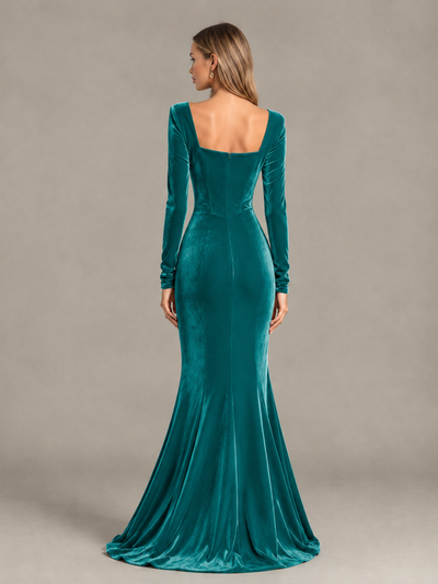 BOLODOO Teal Velvet-Look Square Neck Long Sleeve Mermaid Evening Dress - Teal - Teal_2
