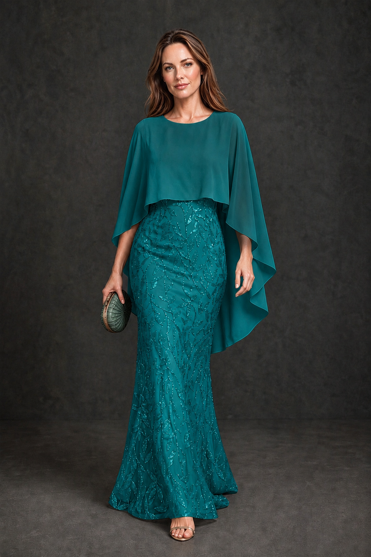 BOLODOO Teal Round Neck Chiffon Cape Overlay Sequin Lace Mermaid Maxi Dress - Teal - Teal_2